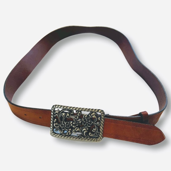 Liz Claiborne Belt Pure Leather Womens Belt with Floral Metal Buckle Filigree - Picture 1 of 8